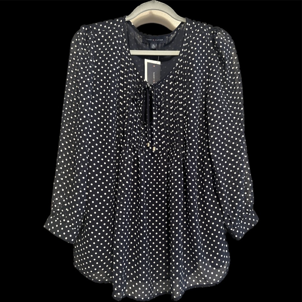 Tommy Hilfiger Size XL Navy with White Polka Dot Blouse and tie at waist. Preppy